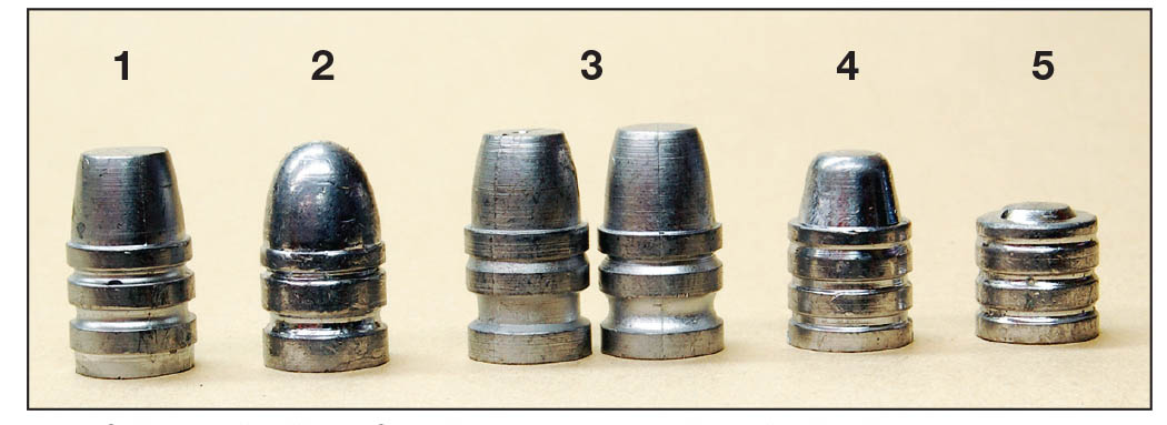 Useful cast bullets for the .44 Special include the (1) 250-grain Lyman 429244, (2) 245-grain Lyman 429383, (3) 245 Lyman 429421 with square and round lube grooves, (4) 214-grain Lee 429-214 SWC and (5) 162-grain Lee 429-162-WC.